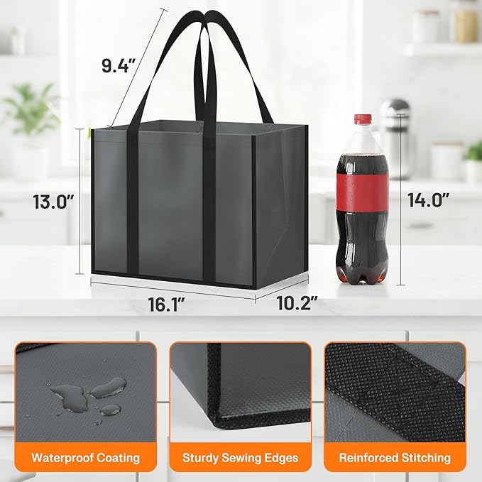 WISELIFE Reusable Grocery Bags with Handles - 6 Pack, 35L Large Shopping Bags for Groceries, Water-Resistant & Foldable Grocery Totes for Lasting Use for Kitchen, Market, Car Trunk, Picnic (Gray)