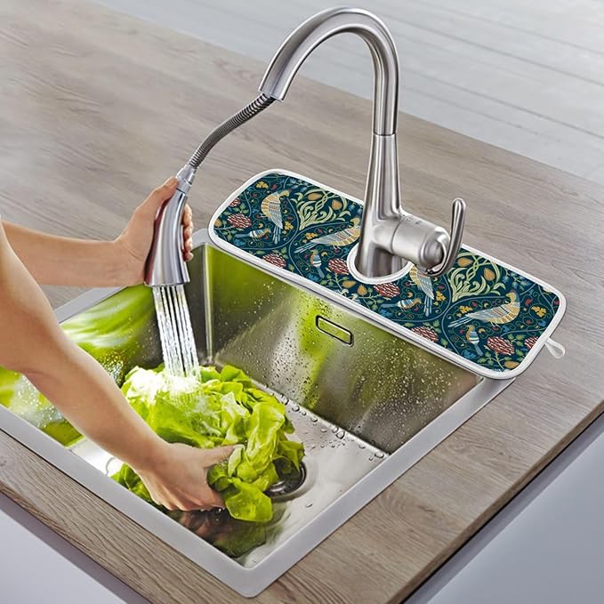 Sink Mat for Faucet Sink Splash Guard Faucet Handle Drip Catcher for Kitchen Bathroom Absorbent Microfiber Dish Drying Mat Boho Bird 2pcs