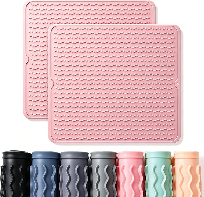 CAKETIME 2 Pack Silicone Dish Drying Mat for Kitchen Counter Cooking Baking Liners Drawer Refrigerator Espresso Machine Station Utensil Holder Washer Trivets Oven Chef Gifts Extra Large 18"x16" Pink