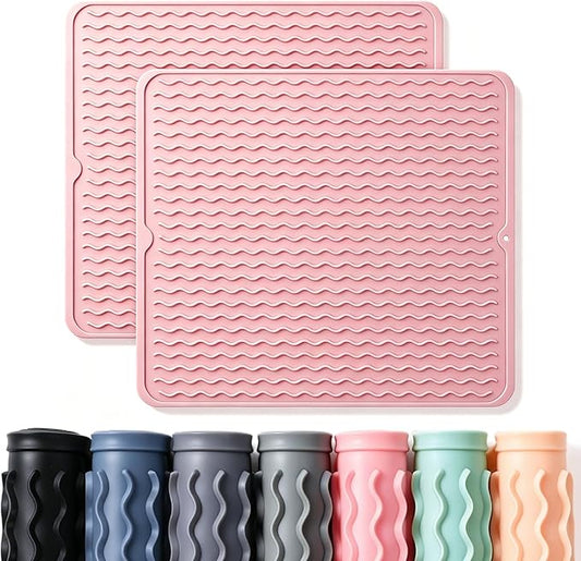 CAKETIME 2 Pack Silicone Dish Drying Mat for Kitchen Counter Cooking Baking Liners Drawer Refrigerator Espresso Machine Station Utensil Holder Washer Trivets Oven Chef Gifts Extra Large 18"x16" Pink