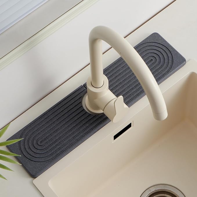 Stone Faucet Mat for Kitchen Sink，Super Absorbent Diatomite Fast Drying Stone and Bathroom Stone Tray for Counter Quick Drying Splash Guard,Prevents Moisture Buildup Sink(Dark Grey,15.8" x 3.9")