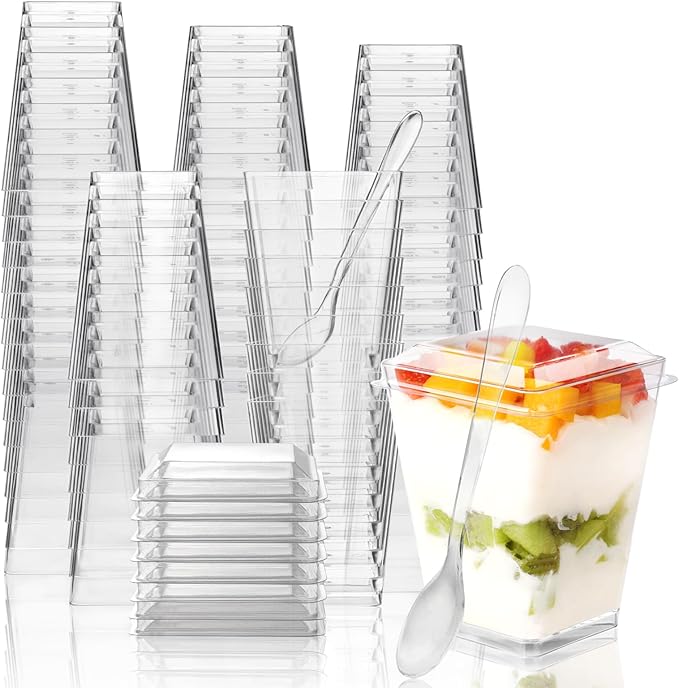 100 Pack 5 oz Plastic Dessert Cups With Lids and Spoons, Yogurt Parfait Appetizer Cups for Party, Mini Dessert Shooters for Pudding and Fruit