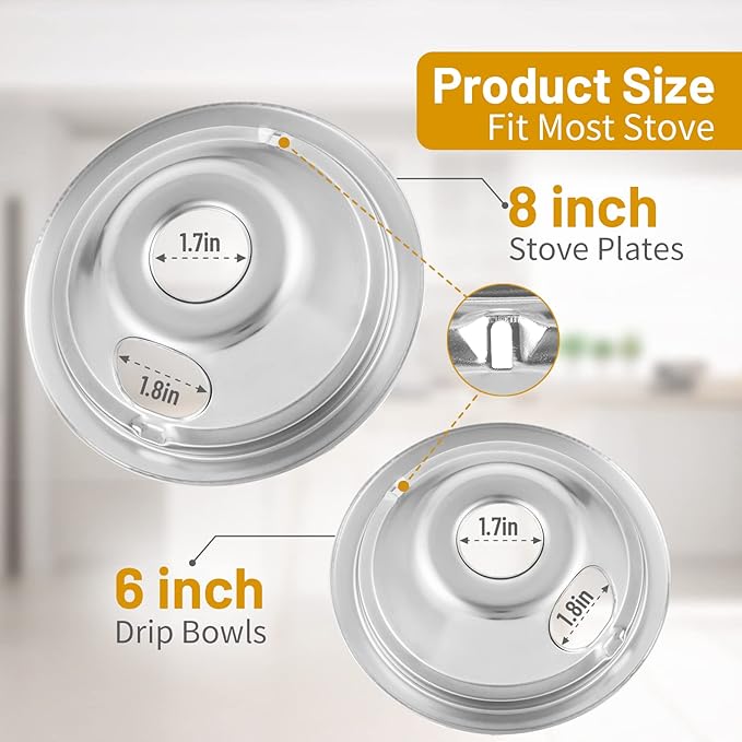 4-Piece Drip Pans Set - Compatible with GE Stoves - Chrome Finish Electric Stove Burner Drip Pans - 2 x 6inch, 2 x 8inch Stove Drip Pans - GE Stove Drip