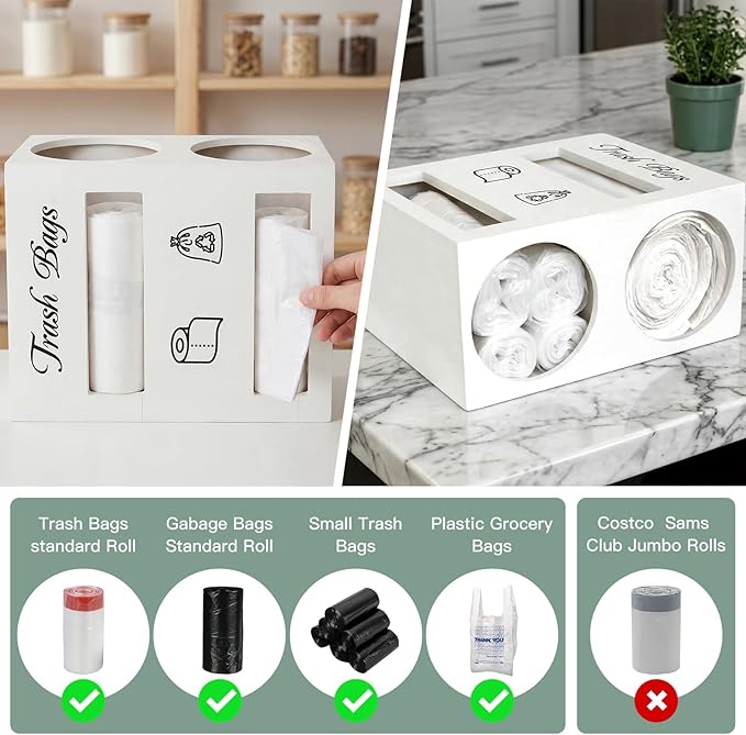 2 in 1 Trash Bag Dispenser, Double Wall Mounted,Wood Trash Bag Holder, used in kitchen, garage, laundry room, can store Environmentally friendly food bags and garbage bags (White/Large)