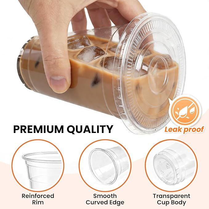 100 Pack 20oz Plastic Cups with Lids and Straws, Clear Disposable Plastic Cups, Heavy Duty Iced Coffee Cups with Leak-Resistant Lids, Cold Drink Cups for Smoothies, Juice, Soda & Party To Go