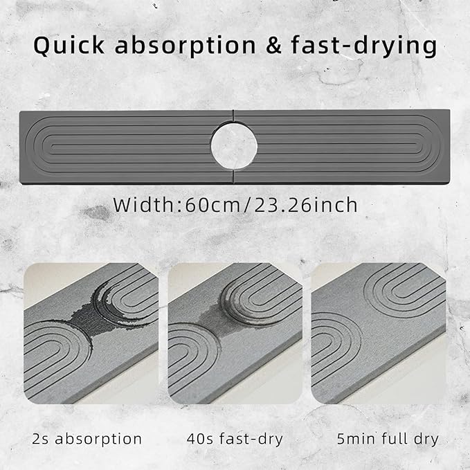 sumelixDiatomaceous Earth Faucet Mat for Kitchen Sink, Super Absorbent Stone Splash Guard | Fast Drying Water Absorbent Tray | Fits Behind Faucet (23.6'' x 4'') (Deep Grey, 23.6" x 4")