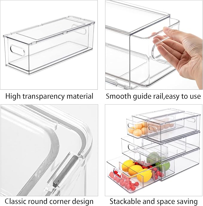 3Pack Fridge Organizer Drawer Divider Cube Pull-Out Bins Clear Food Container Refrigerator Storage box Produce Saver for Pantry Kitchen Cabinet