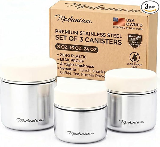 Modaniam Stainless Steel Lunch Containers, Food Jar Travel Containers, Snack Containers, Portable Metal Lunch Box For Yogurt, Oatmeal, Leak Proof, Vanilla - Set of 3 8OZ+16 OZ+ 24 OZ