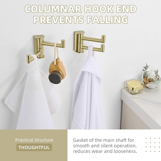 Angle Simple Swivel Hooks for Bathroom, SUS304 Stainless Steel 2 Arms Bath Towel Robe Hook Wall Mount, 2 Pack, Brushed Gold