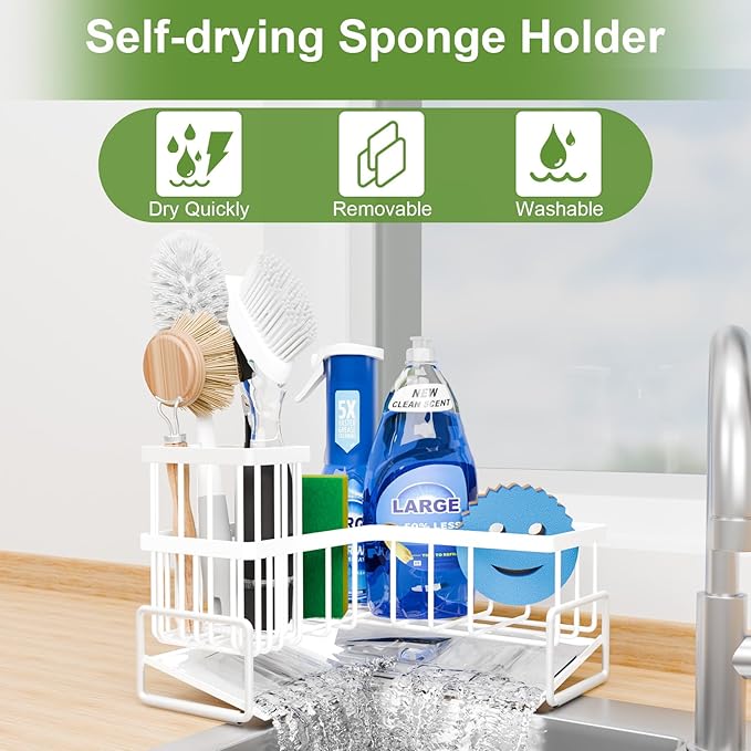 Fikoksol Large Sponge Holder for Kitchen Sink, 90-Degree Sink Caddy Organizer with Dish Brush Holder for Countertop Corner Storage Rack, Metal L Kitchen Sink Sponge Soap Organizer Storage Idea (White)