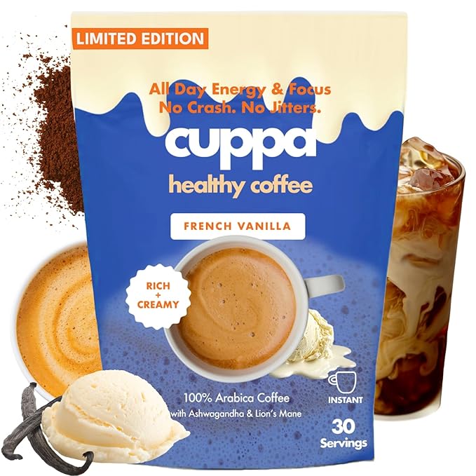 Cuppa French Vanilla Coffee - Great tasting medium roast with mushrooms, adaptogens & superfoods - Lion's Mane, Ashwagandha, Cordyceps, MCT, Prebiotic Fiber & L-Theanine. Supports natural energy & better mental focus, overall well-being + a happier gut...