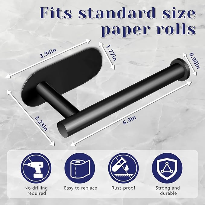 Toilet Paper Holder, Stainless Steel & No Drilling Black Toilet Paper Holder Wall Mount, Waterproof Self Adhesive Toilet Paper Holders for Bathroom, Kitchen, Washroom
