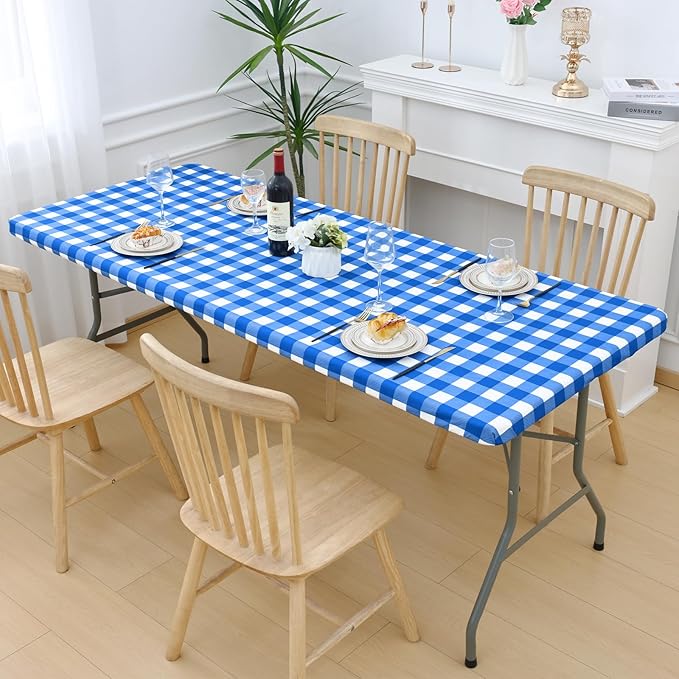Smiry Picnic Table Cloth 2 Pack, Waterproof Elastic Fitted Tablecloths for 5FT Rectangle Tables, Washable Polyester Buffalo Plaid Tablecloth for Camping, Dining & Outdoor (Blue & White, 30" x 60")