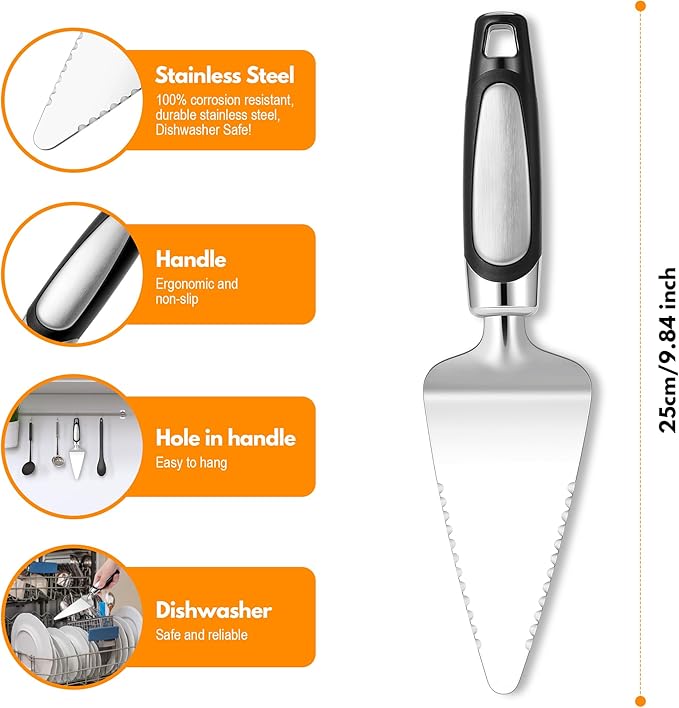 Rainspire Pie Server Spatula Stainless Steel, Pie Cutter Cake Cutter Slicer, Cake Server Spatula, Dishwasher Safe, Edges On Both Sides, Black