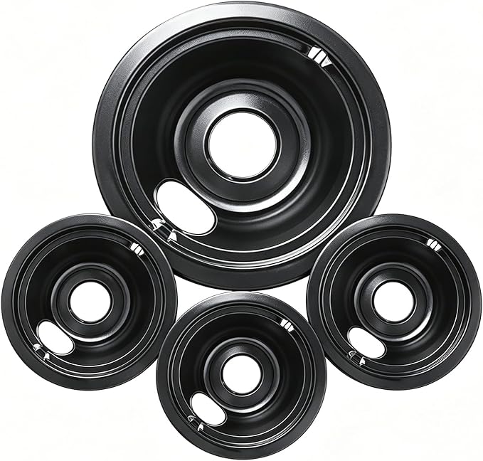 GE Black Stove Drip Pans, 10% Energy Save by Enamel Spraying Prevent Bending and Rust - Include 3Pcs 6'' Burner Drip Pans and 1Pcs 8'' Drip Bowl