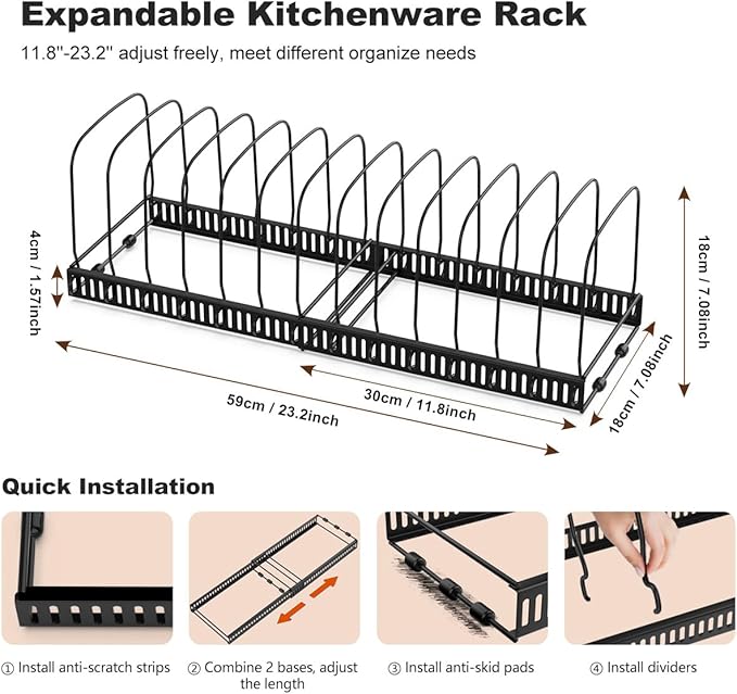 Housolution 2 Pack Baking and Cookie Sheet Organizer, 12"-23" Expandable Cutting Board Rack with 14 Adjustable Dividers, Bakeware Tray Muffin Pan Storage Organizer for Cabinet, Black