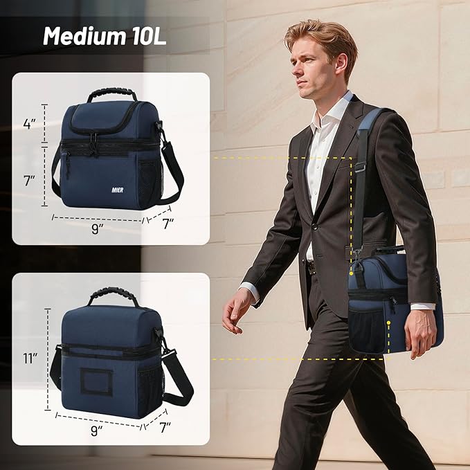 MIER Insulated Lunch Box Dual Compartment Lunch Bag Leakproof Cooler for Men Women Adult Work, Navy Blue, Medium (Upgraded Extra-Tall Bottom Layer)