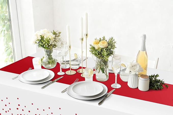Smiry Plastic Table Cloth Disposable 3 Pack, 54 x 108 Inch Rectangle Waterproof Tablecloth, Printed Gold Table Runner Style for Birthday Weeding, Party Decorations, Leakproof & Sturdy, White and Red