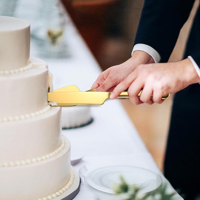 Wedding Cake Knife and Server Set,2Pcs Cake Cutting Set Gold Include Stainless Steel Cake Cutter And Cake Server Perfect For Wedding, Christmas, Birthday and Events,Dishwasher Safe