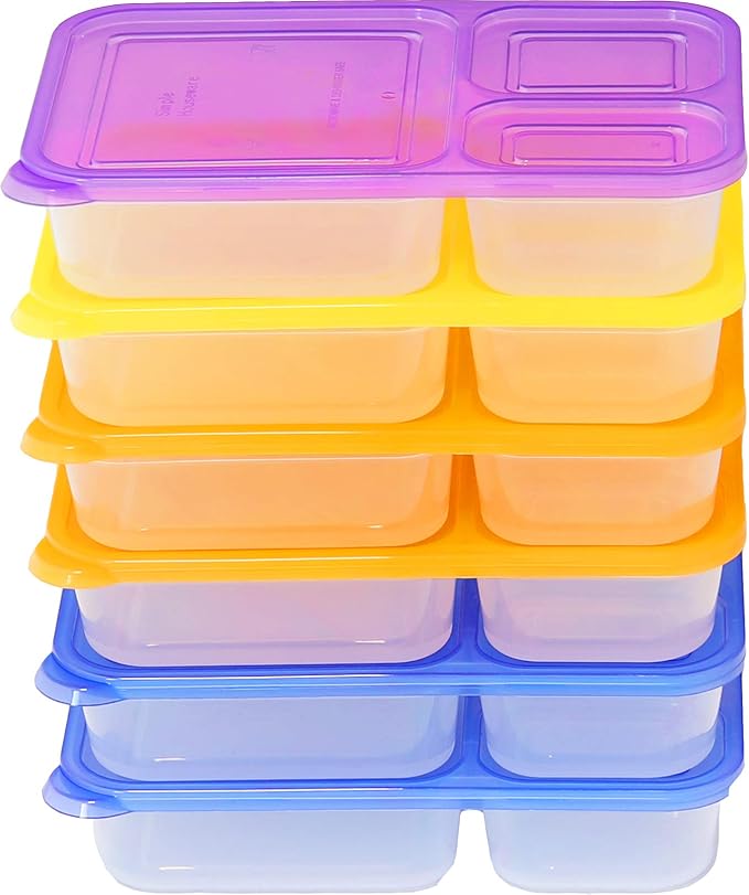 Simple Houseware 6 Pack 36 oz 3-Compartment Reusable Meal Prep Container, BPA-Free Stackable Bento Box - Microwave, Freezer & Dishwasher Safe