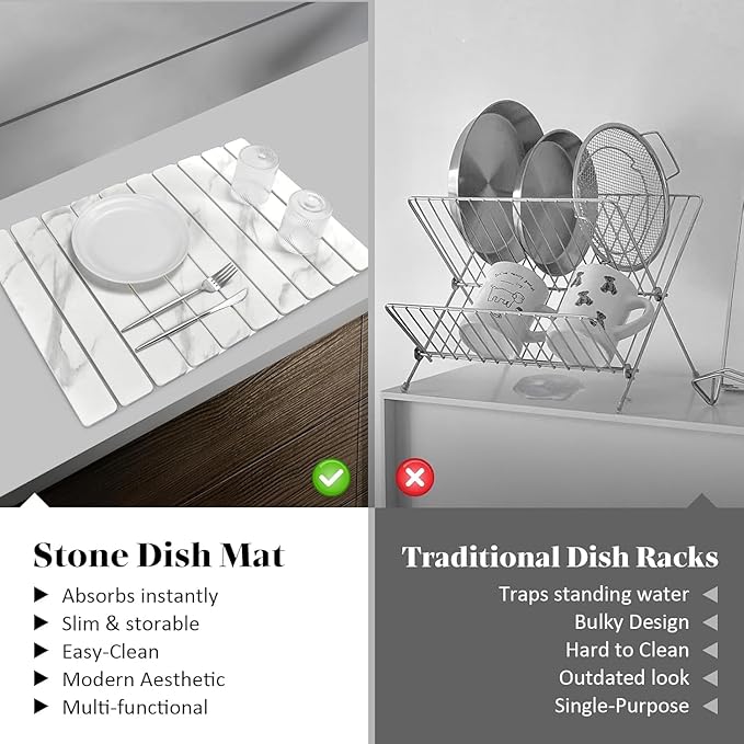 2 PCS Large Stone Dish Drying Mat for Kitchen Counter, 24"×16" Marble Dish Drying Mat with 8"x 4" Coasters, Non - Slip Collapsible Absorbent Mat for Multi - Purpose, Match Any Countertop【White】