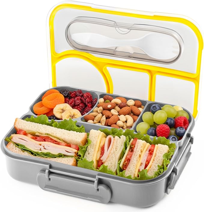 Bento Box for Adults,4 Compartments Lunch Box, Snack Containers Reusable Lunch Containers Drop-Proof, Dishwasher Safe & Made with BPA-Free Materials, Grey