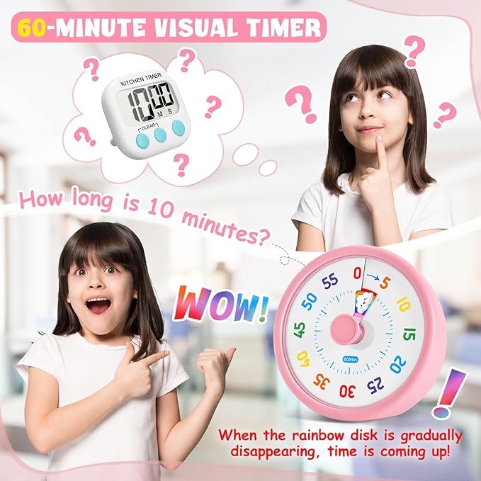 HIPPIH Visual Timer for Kids, 60 Minute Countdown Timers for Classroom Kitchen Office, Rainbow Disk Desk Timer Clock with Silent Operation, Pomodoro Timer Time Management Tools for Toddler ADHD Pink