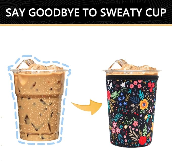 YR Reusable Neoprene Insulator Sleeve for Iced Coffee Cups, 3 Pack Coffee Coolies sleeves for Iced & Hot Drinks, Cold Beverage Cooler Compatible with Starbucks Coffee and More (Little Flower)