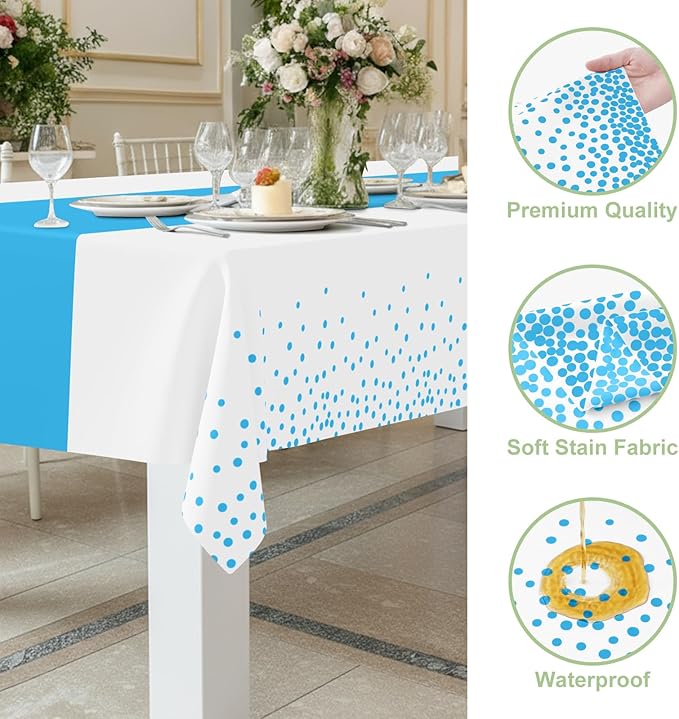 Smiry Plastic Table Cloth Disposable 3 Pack, 54 x 108 Inch Rectangle Waterproof Tablecloth, Printed Gold Table Runner Style for Birthday Weeding, Party Decorations, Leakproof & Sturdy, White and Aqua