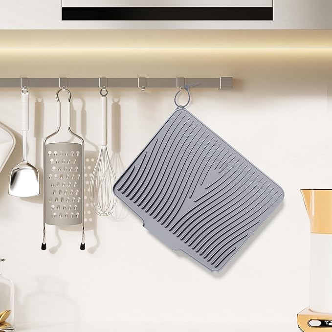 Silicone Dish Drying Mat for Kitchen Counter, Non-Slip Drain Pad, Dish Drying Pad, Easy to Clean Dish Rack Pad, Multi-Use as Heat Resistant Trivet, 15.8" x 13" , Grey