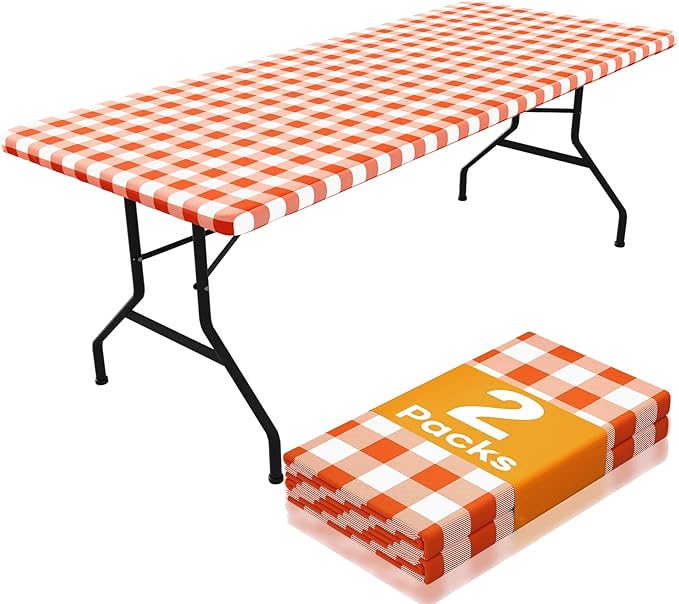 Smiry Picnic Table Cloth 2 Pack, Waterproof Elastic Fitted Tablecloths for 6FT Rectangle Tables, Washable Polyester Buffalo Plaid Tablecloth for Camping, Dining & Outdoor (Orange & White, 30" x 72")
