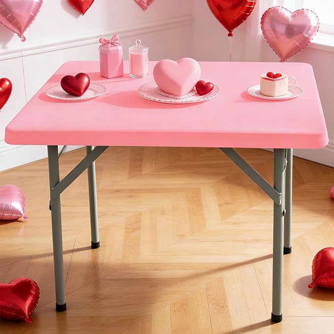 Square Fitted Table Cover Elastic Tablecloth Stretch Spandex Table Top Cover Tables Topper Cap for Dining Kitchen Home Party Pink 36X36 Inch