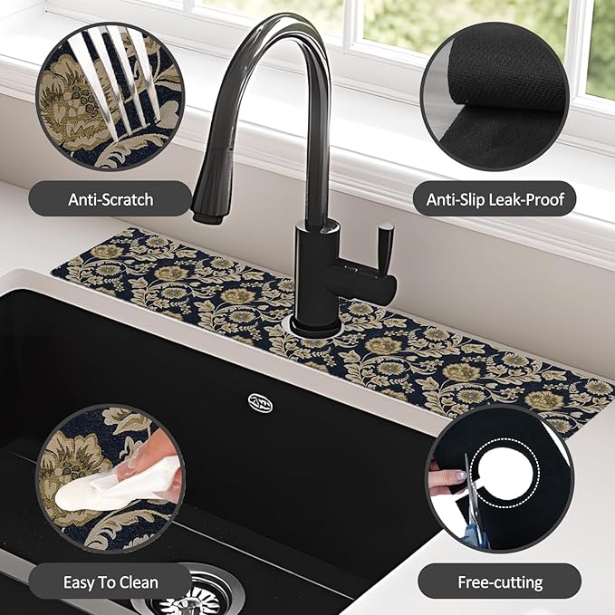 24" X 5.5" Kitchen Sink Splash Guard Faucet Mat Floral Flower Super Absorbent Fast Drying Faucet Guard & Draining Mat Sink Splash Guard Behind Faucet for Kitchen, Bathroom