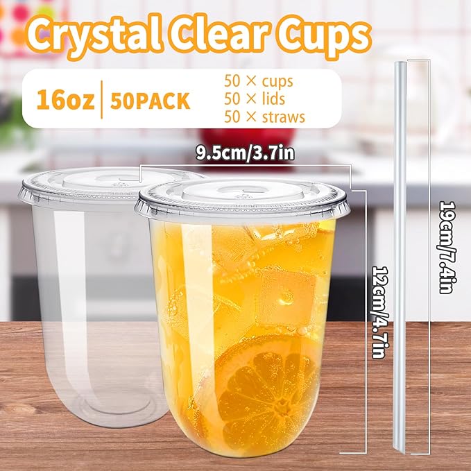 Alaeseje 50 Pack Clear Plastic Cups with Lids and Straws,16 oz Disposable Iced Coffee Cups,PET Crystal Cups,Round Bottom To Go Cup for Iced Coffee Juice Smoothie Cold Beverage