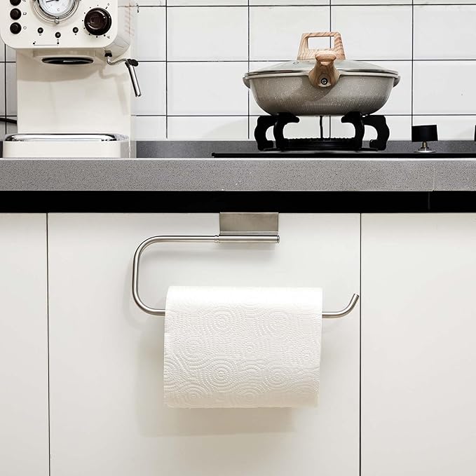 12.4 Inches Cabinet Door Paper Towel Holder Camper Under Sink No Drilling Paper Towel Storage and Dispenser for RV Kitchen Bathroom Laundry Room, Stainless Steel(Silver,2 Pcs)