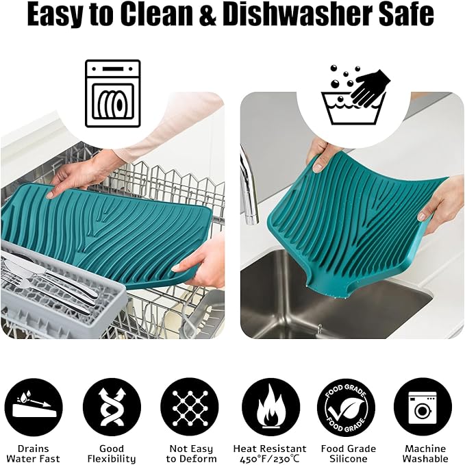 Silicone Dish Drying Mat, Stone Drying Mat for Kitchen Counter with Built-In Drain, Non-Slip Drain Pad with Built-in Drain, Heat Resistant Stone Drying Mat, 1Pcs 20" x 15", Green