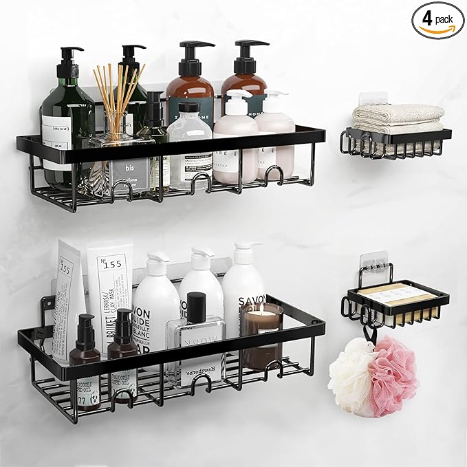 4-Pack Adhesive Shower Caddy - Rustproof Stainless Steel Shower Organizer - Large Capacity No-Drill Shower Shelves for Inside Shower Storage - Versatile Wall Mount Rack for Bathroom & Kitchen (Black)