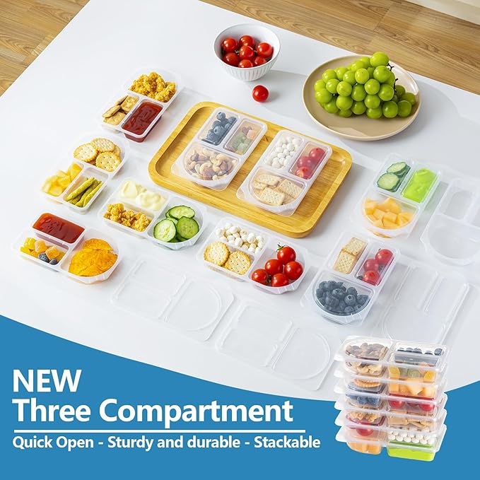 TAIHUIMY 9oz Reusable Snack Containers with Lids for Kid, New 3 Compartment Large Capacity Condiment Portion Control Meal Prep Containers for School lunch, Go out Travel, Party (40, 9, ounces)
