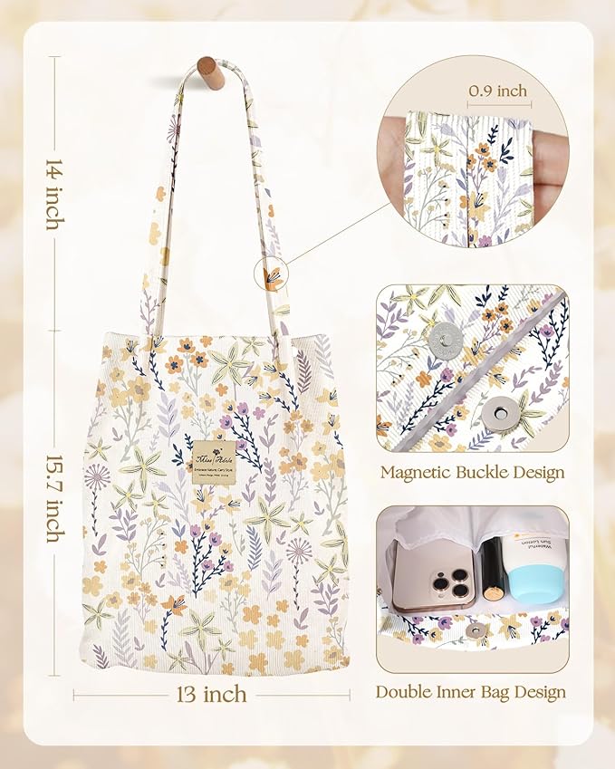 Miss Adola Corduroy Tote Bag for Women - Reusable Totes with Magnetic Buckle & Pocket Aesthetic Design Work Grocery Bags