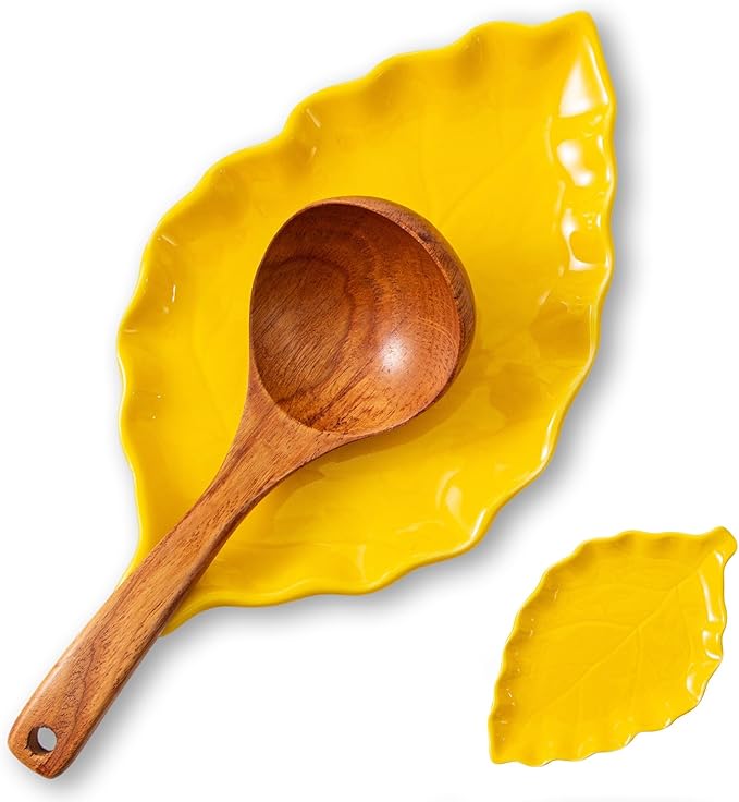 Ceramic Leaf Shape Spoon Rest for cooking, Cute Cooking Spoon Holder for Stove Top,Large Porcelain Spatula Rest for Kitchen Counter, Farmhouse Christmas Kitchen Decor (yellow)