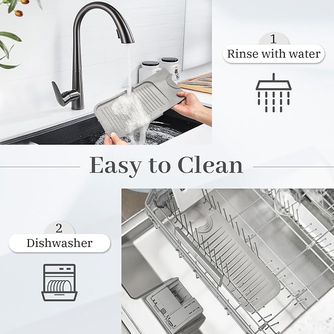 PoYang 24 Inch Faucet Mat for Kitchen Sink Splash Guard Behind Faucet, Sink Protectors for Kitchen Sink Faucet Mat Splash Guard for Kitchen Sink Area, Longer Faucet Guard & Draining Mat, Light Grey