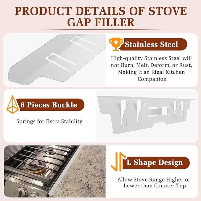 Stainless Steel Stove Gap Covers - Oven Gap Filler Kit 25.4" Between Stove & Counter Top - Heat Resistant Slide-in Range Trim Guard for Seamless Kitchen Accessories Easy Clean (White)