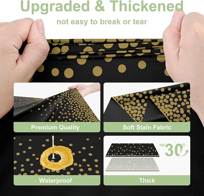 Smiry Plastic Table Cloth Disposable 4 Pack, 54 x 108 Inch Rectangle Waterproof Tablecloth, Printed Gold Table Runner Style for Birthday Weeding, Party Decorations, Leakproof & Sturdy, Black and Gold