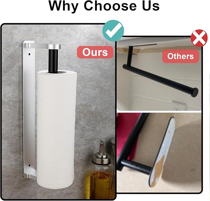 MONEER Paper Towel Holder Under Cabinet, Paper Towel Holder, Aluminum Alloy Kitchen Towel Holders, Self Adhesive Kitchen Roll Holder for Kitchen, Bathroom, Living Room (Silver)
