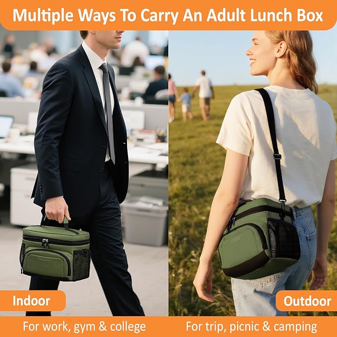 Vankor Large Insulated Lunch Bag for Men Women kids, Reusable Lunch Box kids Leakproof with Adjustable Shoulder Strap for Work Teacher School Picnic Beach Travel, Green