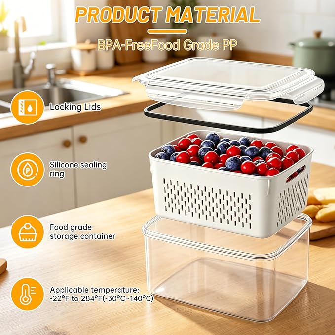 3 Pack Fruit Storage Containers for Fridge with Removable Colander, Airtight Produce Storage Containers for Fridge, 4-in-1 Fruit and Vegetable Storage, Berry Keeper, Stackable Veggie Containers