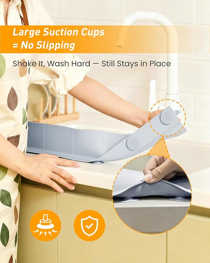 Kitchen Sink Splash Guard 23" Silicone Water Guard with Strong Suction Cups, Faucet & Countertop Protector, Bathroom & Sink Edge Splash Guard Strip, Easy Install, Dishwasher Safe-Grey