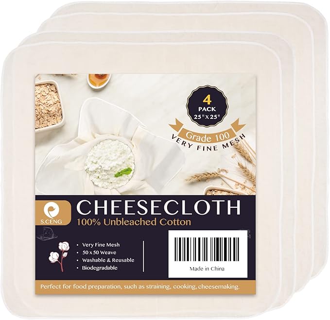 S.CENG Precut Cheesecloth, 25 x 25'' 4 Pack, Grade 100, Ultra Fine Cheese Cloth for Straining & Cooking, 100% Unbleached Cotton Muslin Cloth for Making Cheese