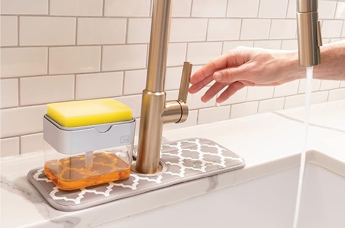 S&T INC. Microfiber Kitchen Faucet Sink Mat Drip and Splash Catcher with Snap Fastener, Absorbent and Reversible, 15 Inch x 5.5 Inch, White Trellis
