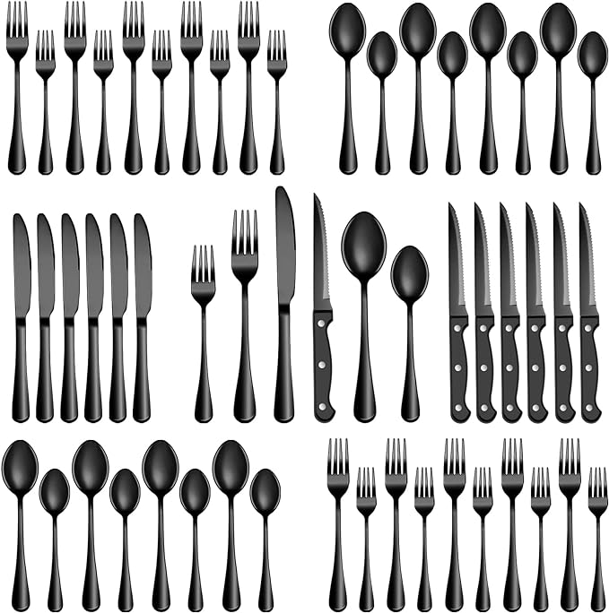 48 Pcs Black Silverware Set with Steak Knives, Stainless Steel Flatware Cutlery Set Service for 8, Kitchen Tableware Set, Utensil Set for Home and Restaurant, Knives Forks Spoon Set, Dishwasher Safe